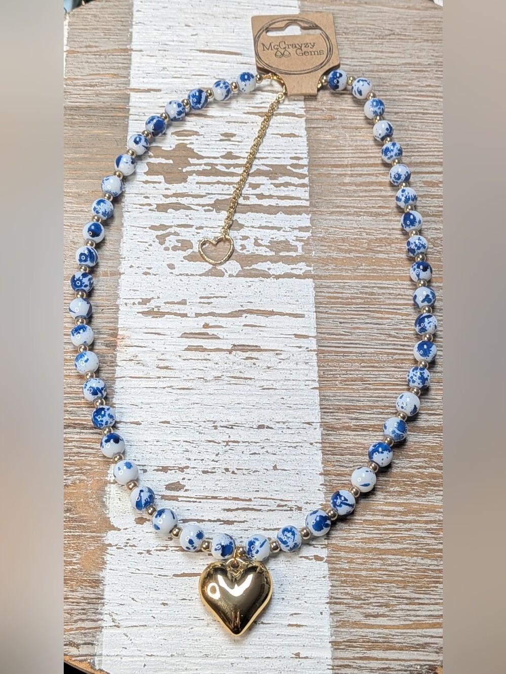 Blue & White Beaded Necklace with Gold Heart Charm